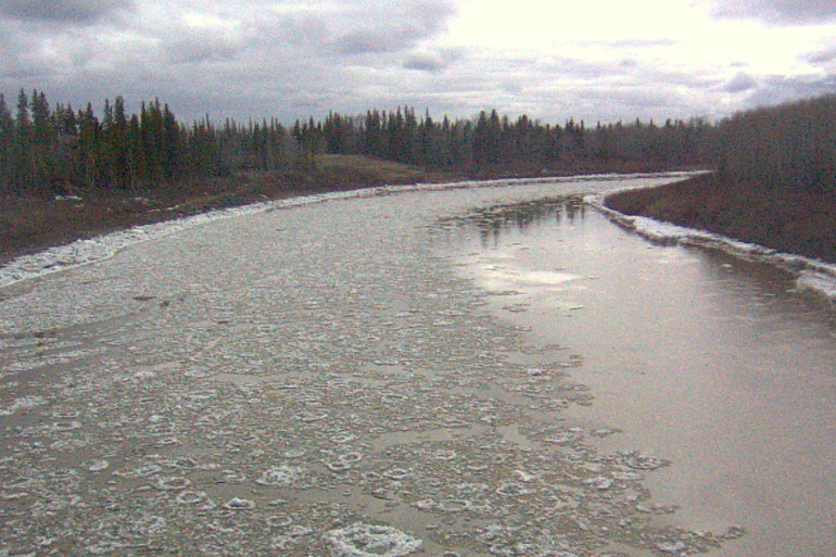 A view of the Hay River from Pine Point Bridge on the evening of May 8, 2026.