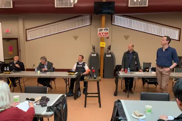 From left: Dyson Smith, Jay MacDonald, Byron Donovan, Robert Hawkins and Kieron Testart at a follow up town hall on public safety hosted by Hawkins and Testart. Alice Twa/Cabin Radio