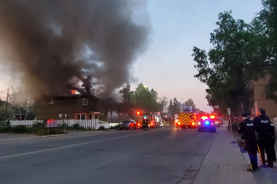 A house fire on Yellowknife's 47 Street on June 28, 2026. Photo: Nancy Heimbach