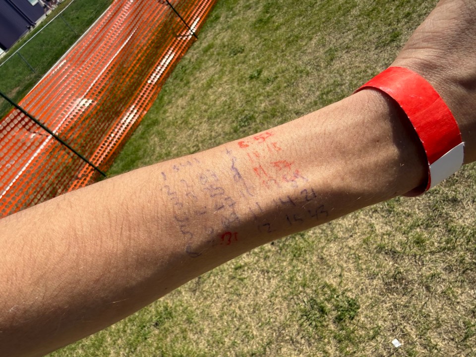 Logan Doll's arm, with notes on lap times to break the record. Ollie Williams/Cabin Radio
