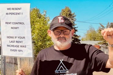 Tenant Christopher Daw organized a rent rally in Fort Simpson on May 30, 2026. Photo: Supplied