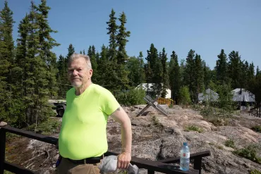 Byrne Richards, community wellness manager at the Tree of Peace, at the wellness camp. Kai Wilson/Cabin Radio