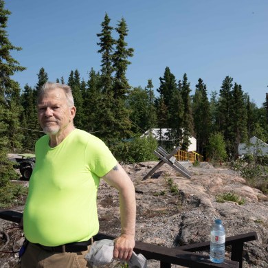 Byrne Richards, community wellness manager at the Tree of Peace, at the wellness camp. Kai Wilson/Cabin Radio