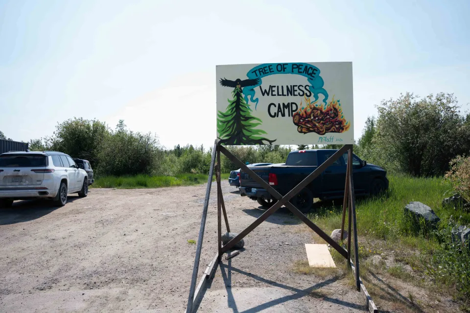 A sign for a wellness camp near Yellowknife's multiplex. Kai Wilson/Cabin Radio