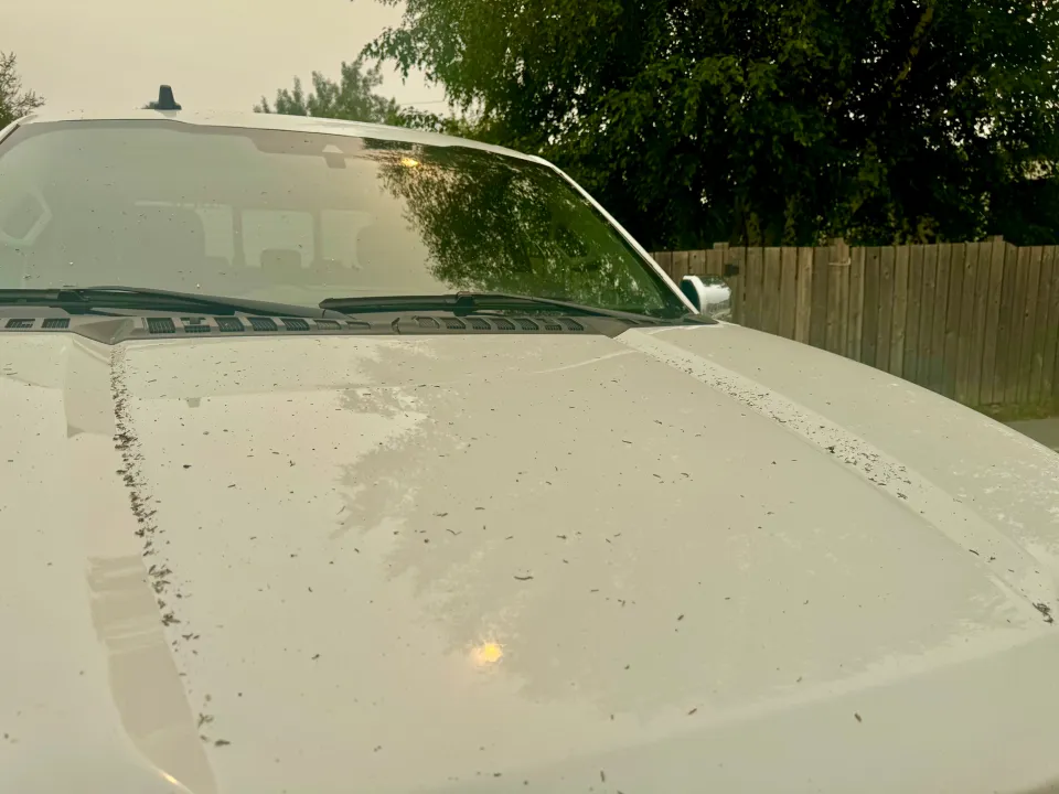 Ash on a truck in Fort Simpson on the afternoon of June 29, 2026. Photo: Lynn Canney