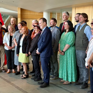 Federal, territorial and Indigenous leaders gathered on June 24, 2026 to announce the probable fast-tracking of the Mackenzie Valley Highway. Ollie Williams/Cabin Radio