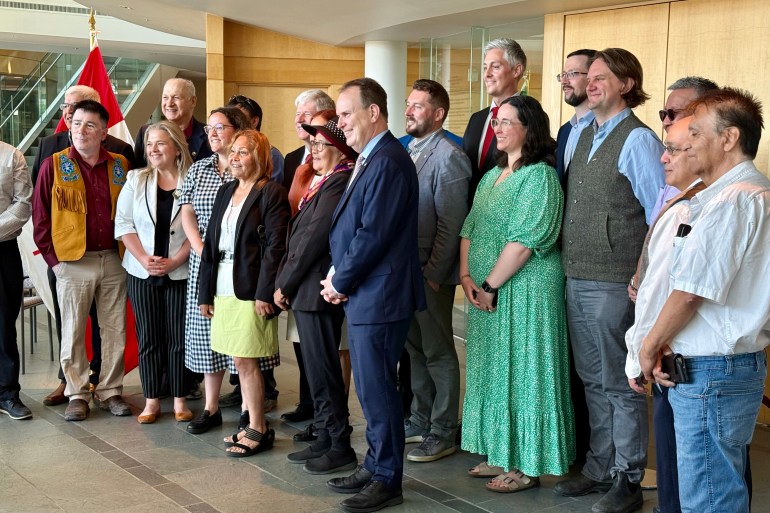 Federal, territorial and Indigenous leaders gathered on June 24, 2026 to announce the probable fast-tracking of the Mackenzie Valley Highway. Ollie Williams/Cabin Radio