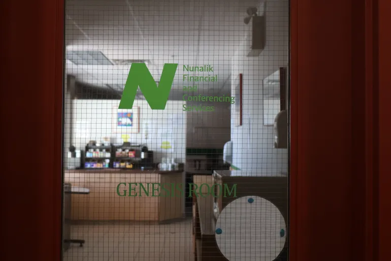 The locked door of a conference room that the NWT Chamber of Commerce said would be the venue for its 2026 AGM on June 23. Aastha Sethi/Cabin Radio