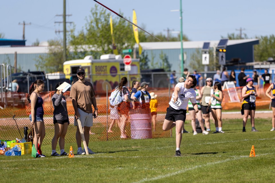 Easton Johns-Courtoreille during a javelin event at Track and Field 2026. Ollie Williams/Cabin Radio