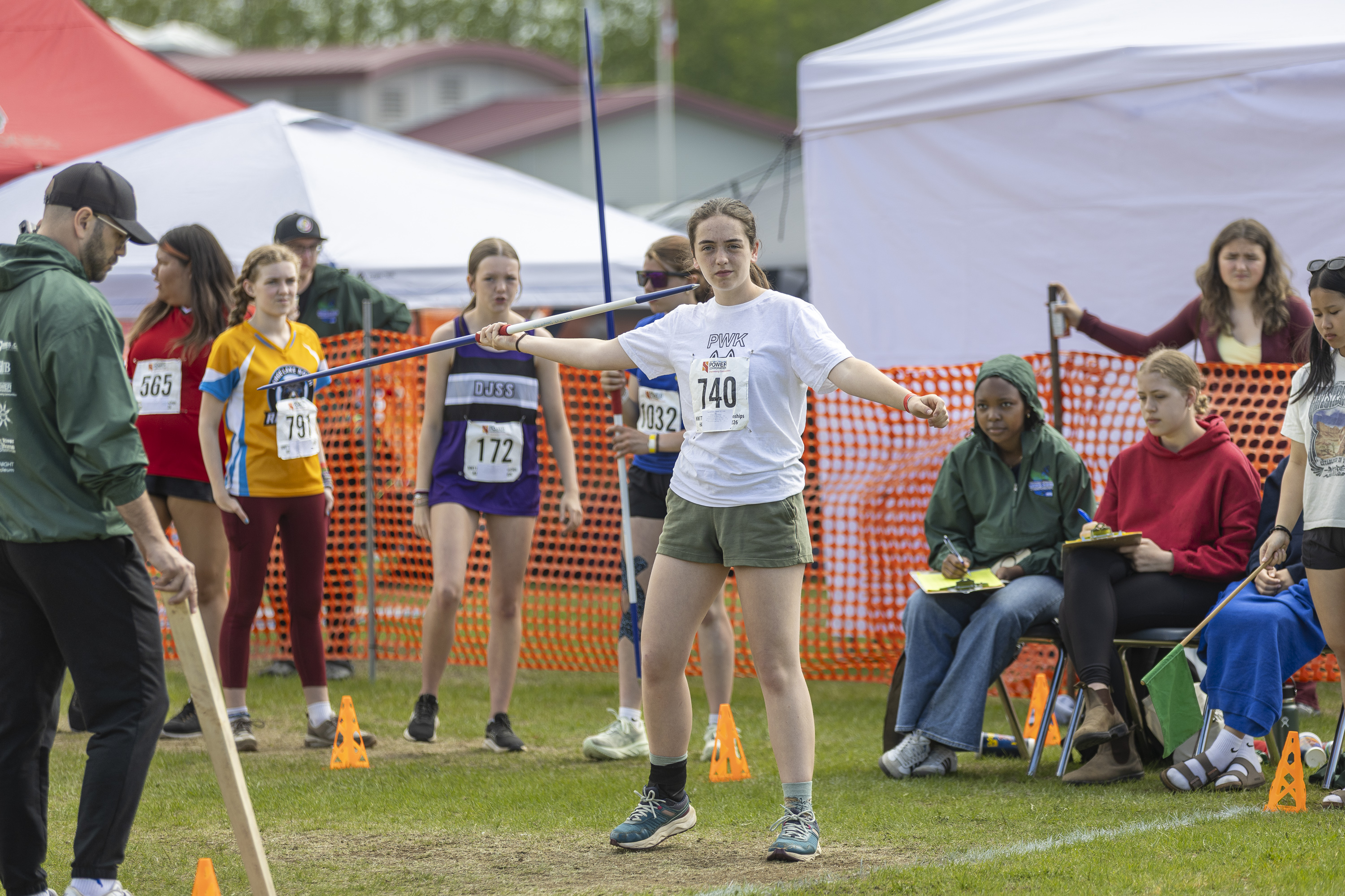 Getting the balance right during Friday's javelin contest. Ollie Williams/Cabin Radio