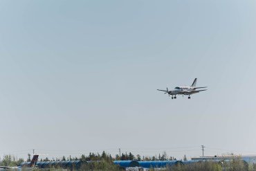 A file image of a King Air 100 aircraft, a type commonly used as a bird dog in NWT wildland firefighting. Sarah Pruys/Cabin Radio