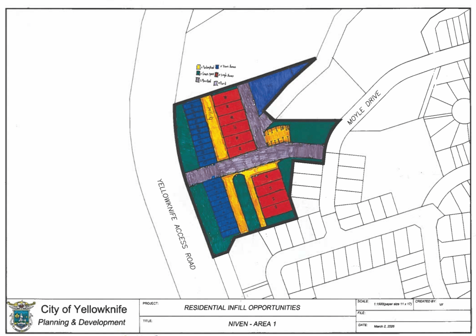 Single homes in red, townhomes in blue and green space on Moyle Drive, as proposed by students.