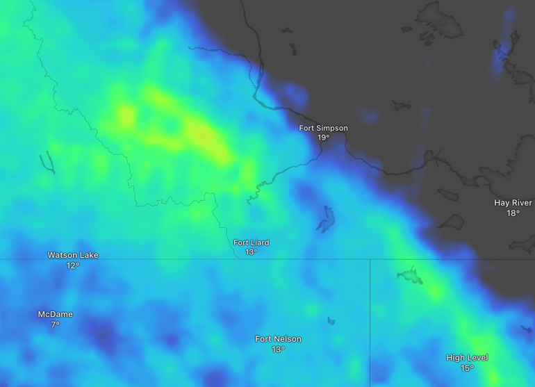 A detail from a Windy.com forecast shows expected rainfall accumulation over parts of the South Nahanni River basin from June 15-18, 2026.