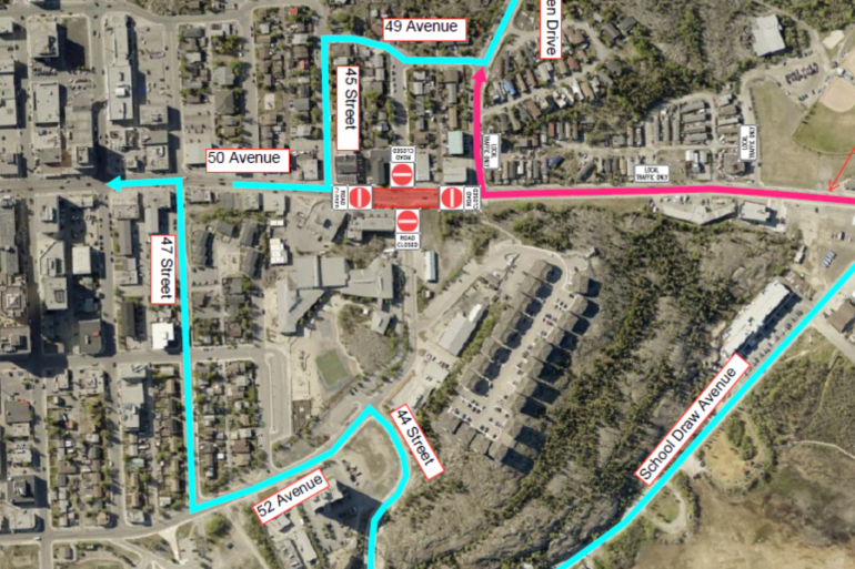 A detail from a City of Yellowknife map showing 50 Avenue road closures and detours.