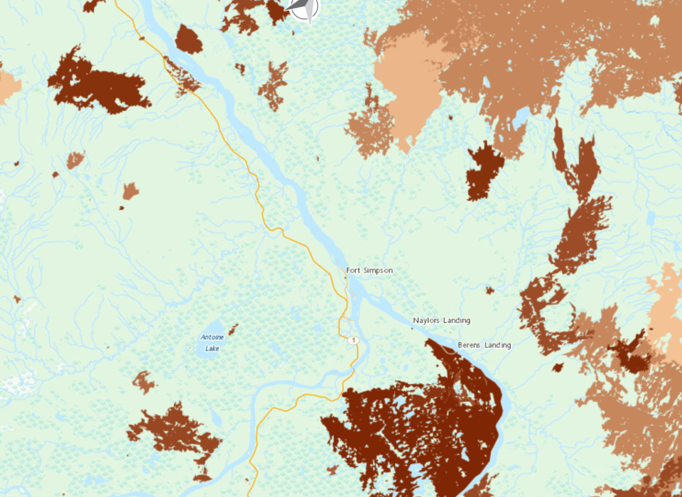 A map of burn areas around Fort Simpson shows a region to the west of the village has not burned in decades.