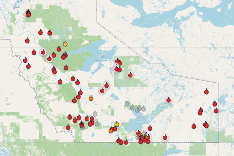 A screengrab from Cabin Radio's fire map shows active fires across the territory on June 27, 2026.
