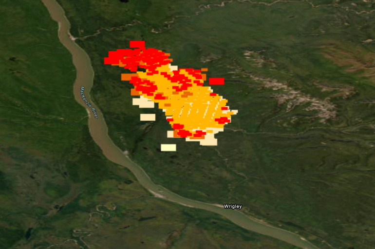 A screengrab from Nasa's Firms fire tracking website shows hotspots from FS015, north of Wrigley, on June 28, 2026.
