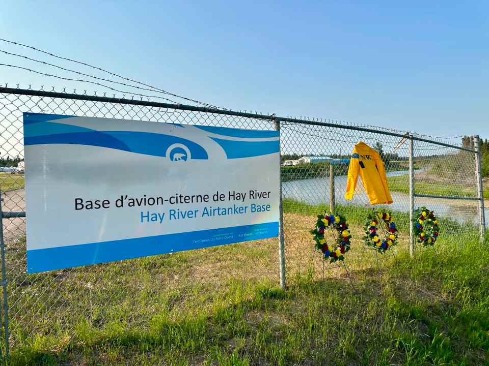 A memorial in Hay River to three people who lost their lives in a firefighting plane crash west of Fort Simpson in June 2026. Photo: Stephen Fochuk