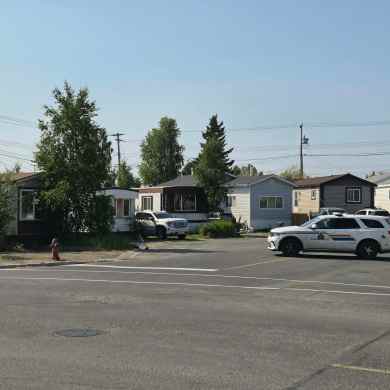 An RCMP vehicle blocks off Williams Avenue in Yellowknife on June 29, 2026. Jesse Wheeler/Cabin Radio