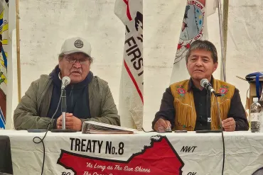 Indigenous leaders at the signing of a formal water partnership between Treaty 8 First Nations of Alberta and the Dene Nation. Photo: Dene Nation