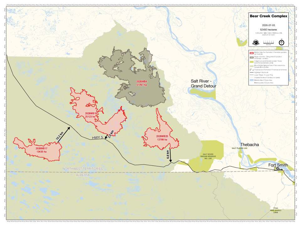 A Parks Canada map shows the Bear Creek complex's distances from Highway 5 as of July 3, 2026.