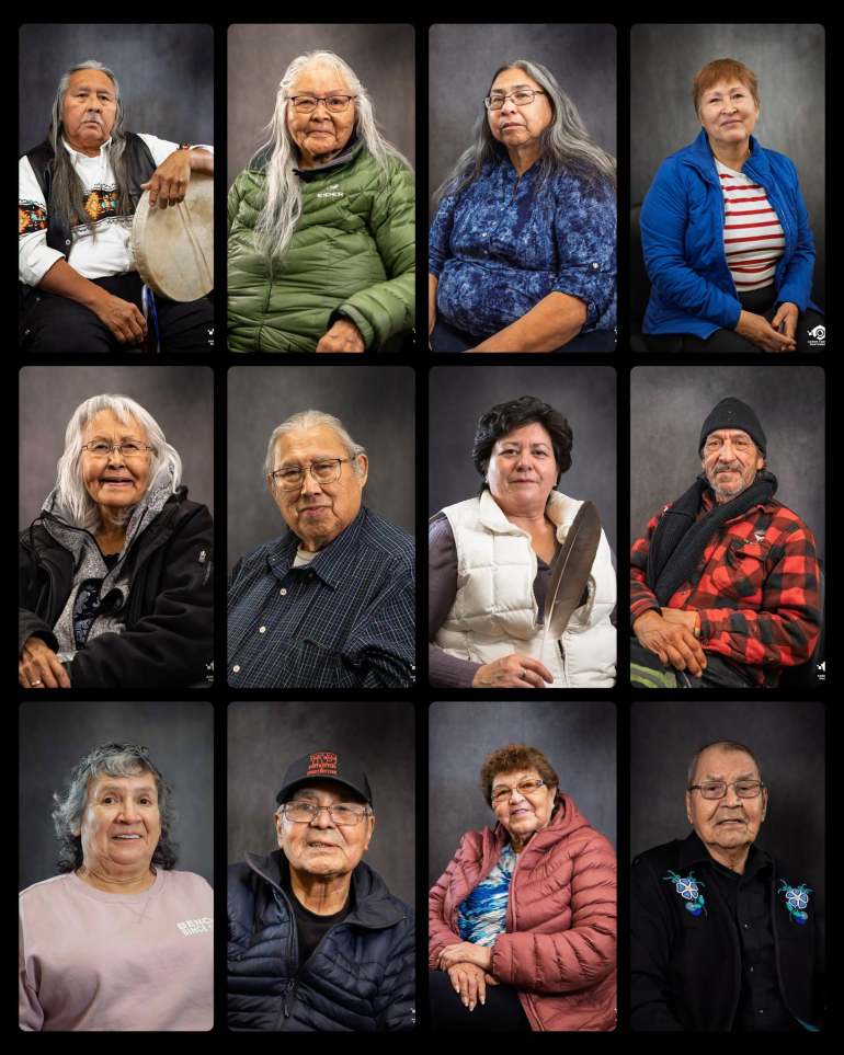 Elders in the From the Elders: Hay River Stories documentary posted to Aaron Tambour's Facebook page. Top row from left: Doug Lamalice, Angie Sabourin, Sharon Pekok and Deborah Stanley. Middle row from left: Georgina Fabian, Roy Fabian, Rhonda Plamondon and Brad Jacobs. Bottom row from left: Lila Belanger, Joe Tambour, Mavis Klause and Fred Tambour.