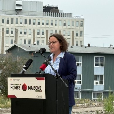 Federal minister Rebecca Alty during a housing announcement in Yellowknife on July 27. Aastha Sethi/Cabin Radio