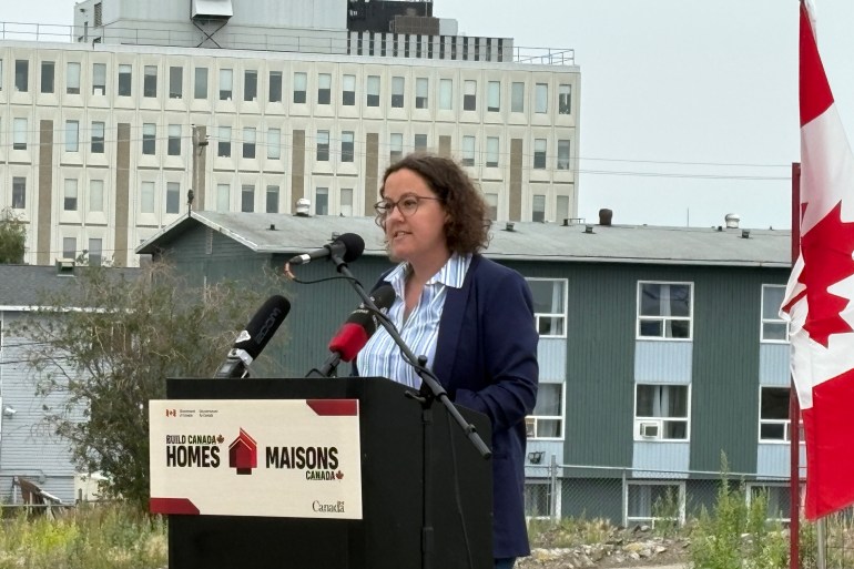 Federal minister Rebecca Alty during a housing announcement in Yellowknife on July 27. Aastha Sethi/Cabin Radio