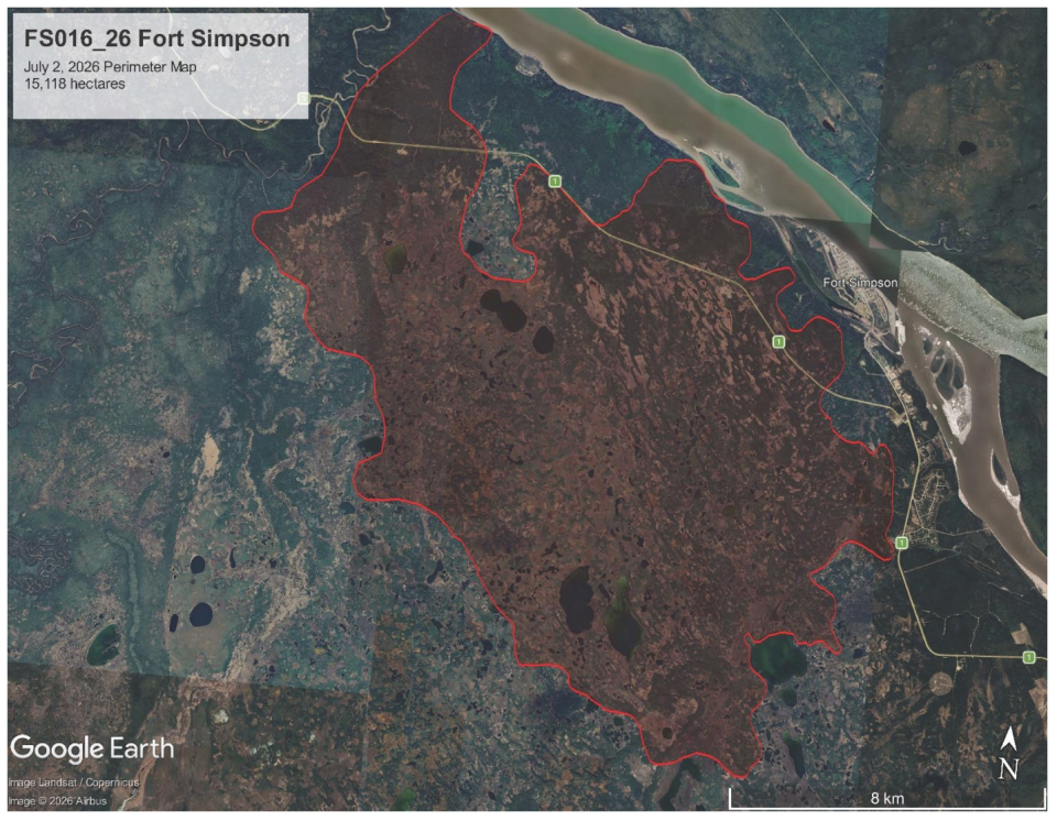 An NWT Fire-supplied map of FS016's perimeter near Fort Simpson as of July 2, 2026.