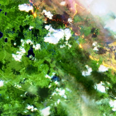 Wildfires in Wood Buffalo National Park burn near Highway 5 (bottom left) in a false-colour Sentinel-2 satellite image from July 2, 2026.