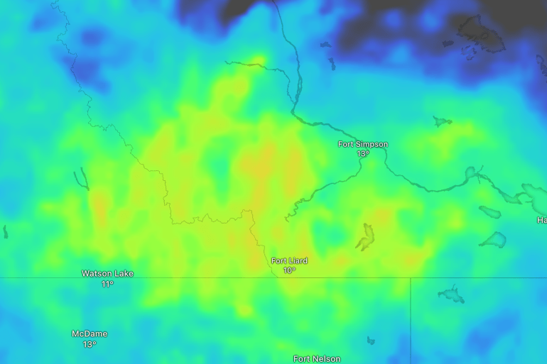 A Windy.com forecast of rain accumulation over July 9-13, 2026 in the Dehcho.