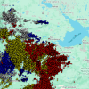 Lightning over the NWT on July 22, 2026 as seen in a GNWT map. Red dots are from 5:30-8:30pm, yellow from 2:30-5:30pm and blue from 8:30am-2:30pm.