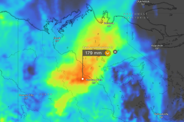 A Windy.com forecast shows expected rain accumulation over the five days from July 23, 2026 in parts of the NWT.