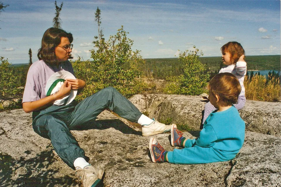 Suzette with Amber and René on a trail near Prelude Lake in 1996. Photo: Submitted