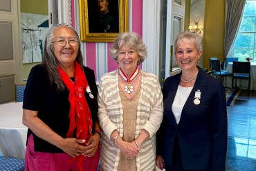 Alestine Andre, left, and Ingrid Kritsch, right, received Polar Medals from Governor General Louise Arbour. Photo: Submitted