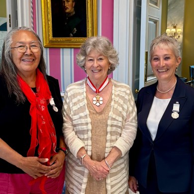 Alestine Andre, left, and Ingrid Kritsch, right, received Polar Medals from Governor General Louise Arbour. Photo: Submitted