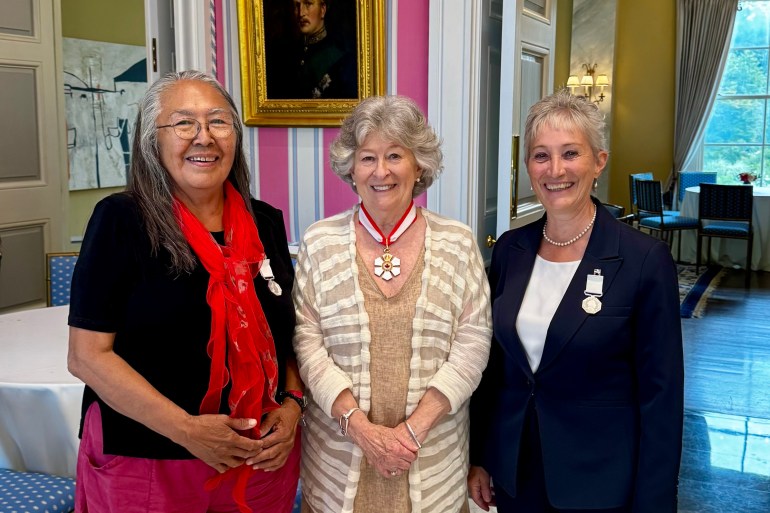 Alestine Andre, left, and Ingrid Kritsch, right, received Polar Medals from Governor General Louise Arbour. Photo: Submitted