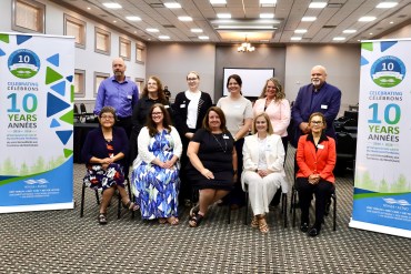 Members of the Northwest Territories Health and Social Services Authority executive leadership team pose for a 10-year anniversary photo. Alice Twa/Cabin Radio