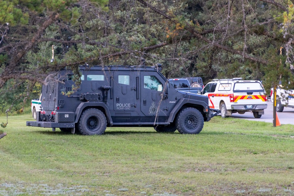 An RCMP tactical armoured vehicle outside Fort Smith's detachment on August 22, 2026. Ollie Williams/Cabin Radio
