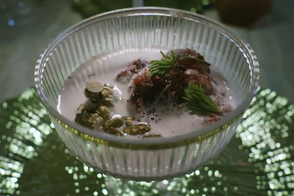 Glass dish with a granita and seed brittle, garnished with spruce tips